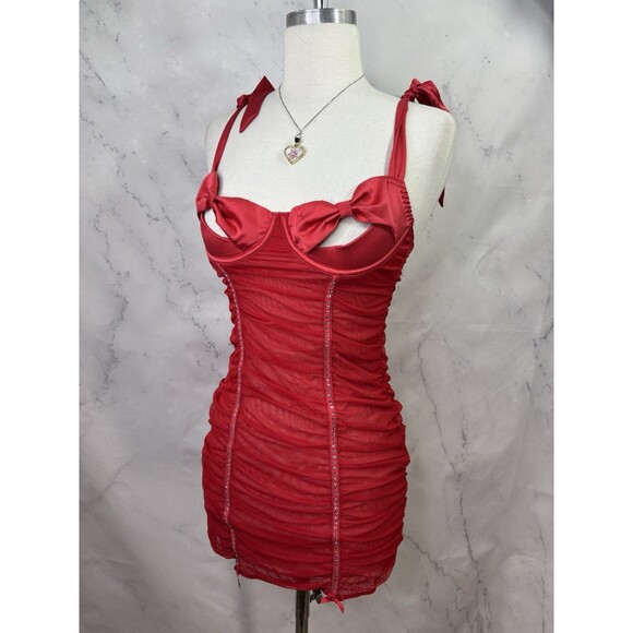 y2k Victoria Secret Lingerie Babydoll Dress Red Rhinestone Bling Bow Peek A Boo - Picture 13 of 16